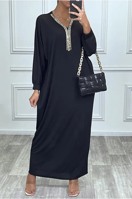 Abaya noire à encolure de strass et manches longues