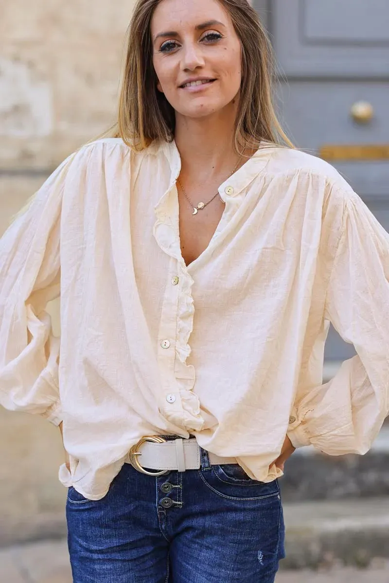 Chemise loose écrue en coton col volants