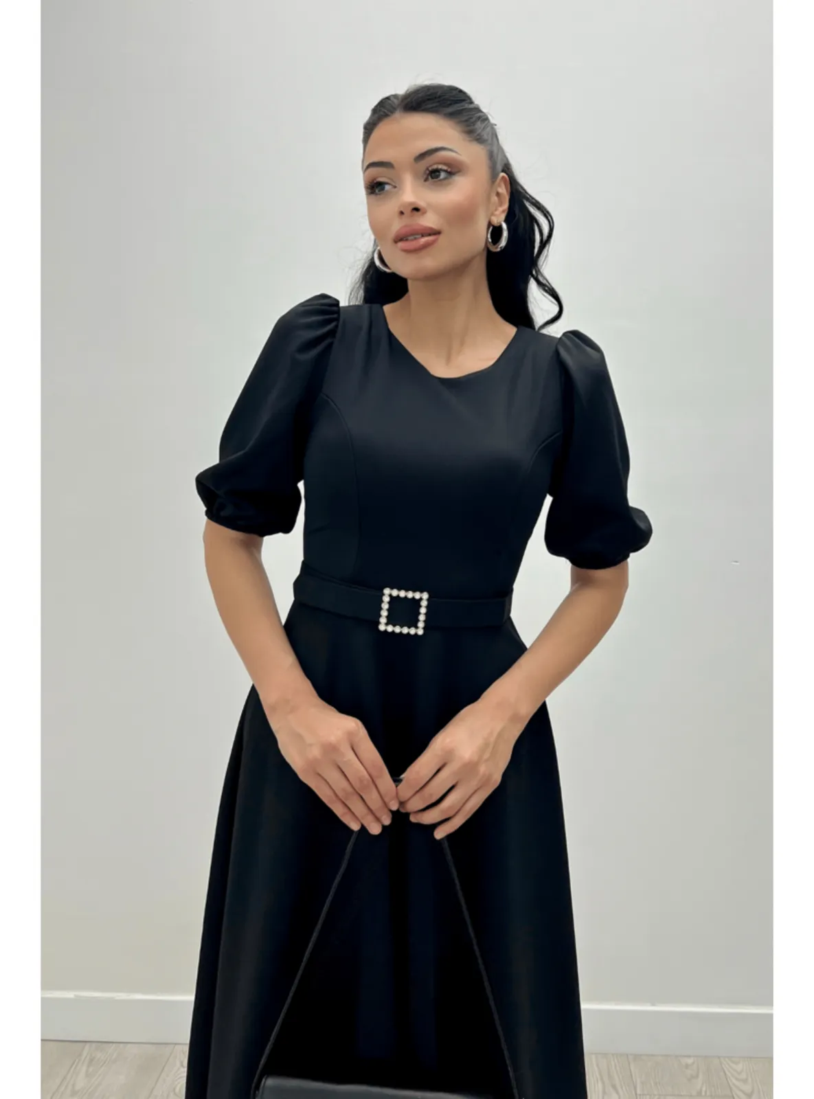 Crepe Fabric Belt Detailed Dress Black