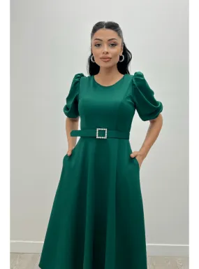 Crepe Fabric Belt Detailed Dress Purple Green
