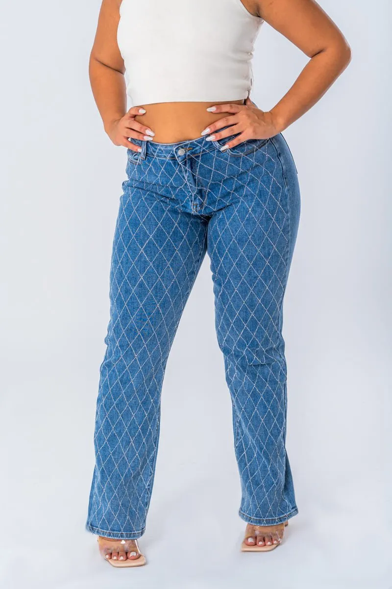 Jean droit à strass losange bleu
