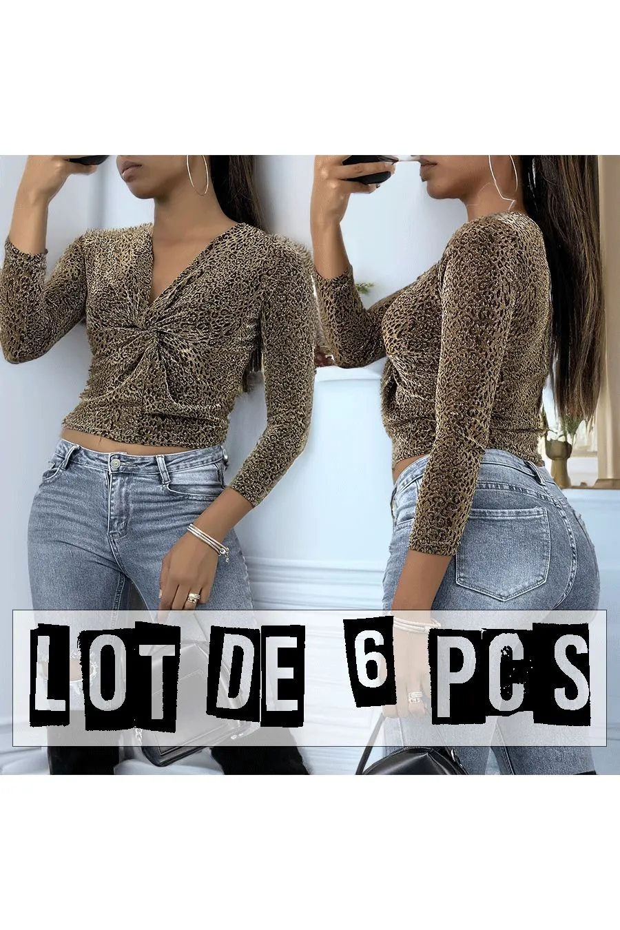 Lot de 6 Hauts scintillant avec imprimés léopard doré à manches longues, col v