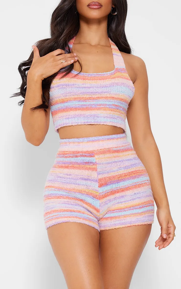 Petite Mini-short en maille tricot duveteuse multicolore