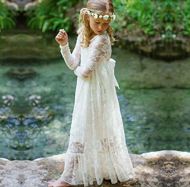 Robe Cortège Fille Médium A-ligne Train de petit Tissu Dentelle Naturel taille