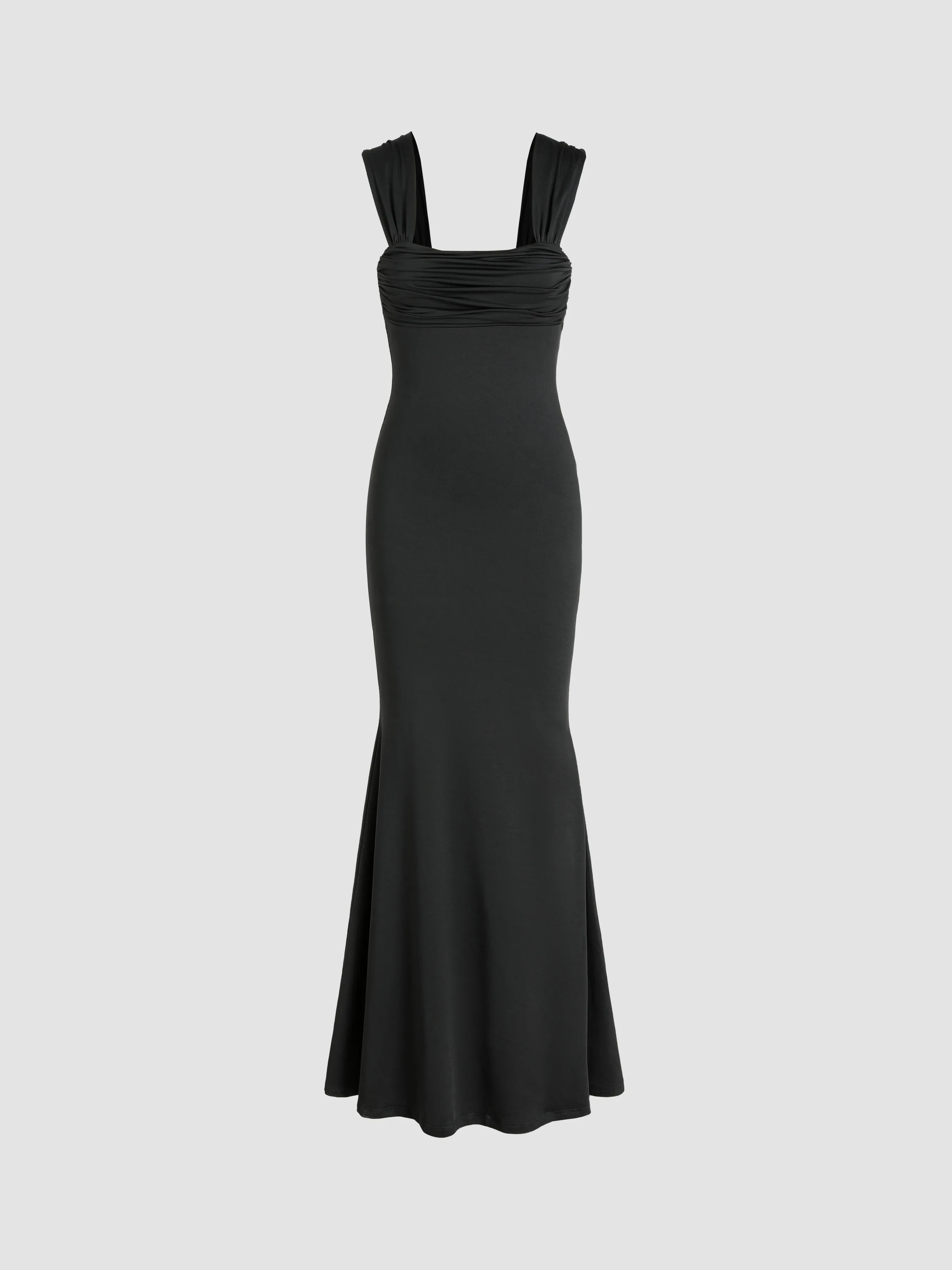 Robe longue unie à fronces et col en U à volants