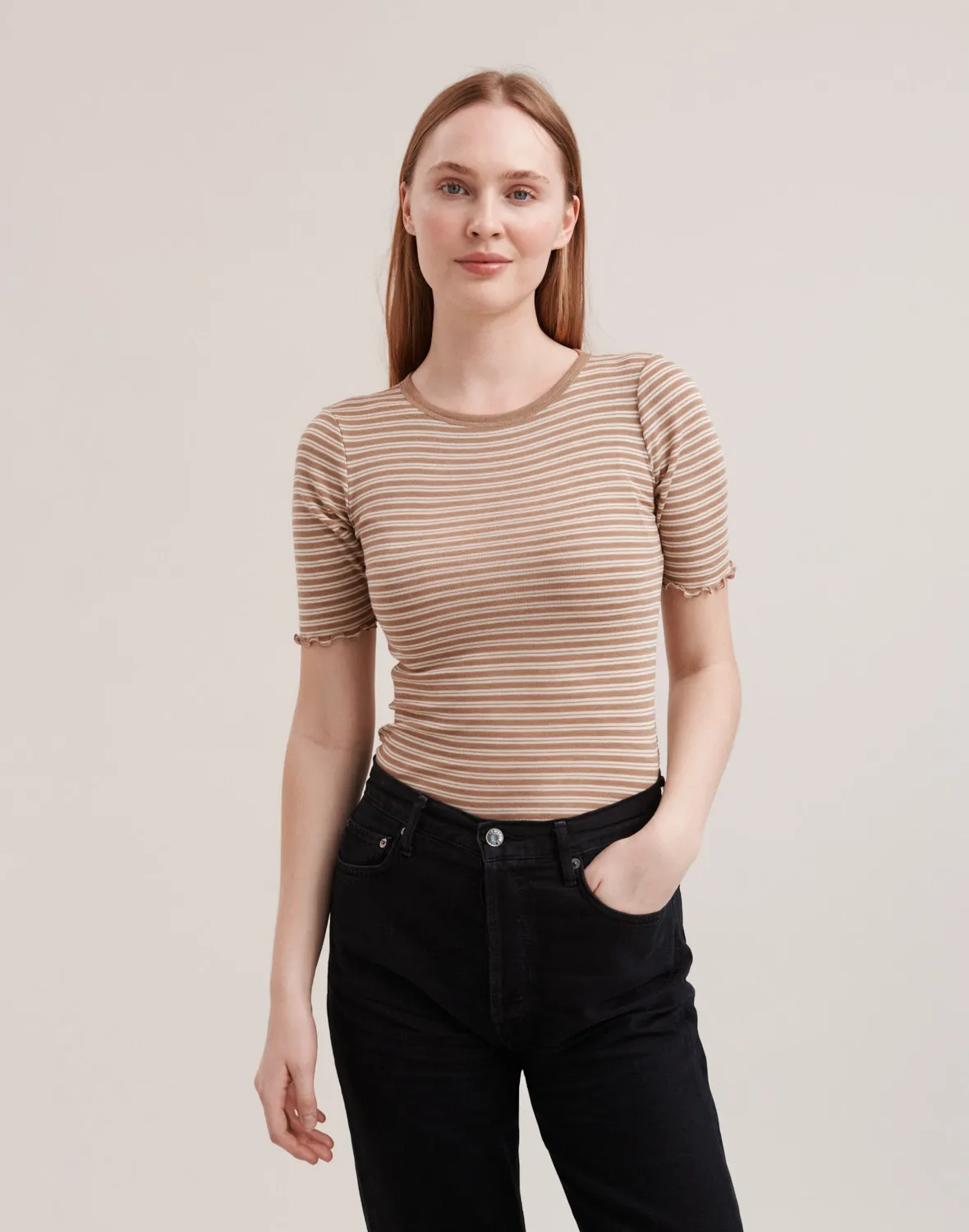 T-shirt à bords froncés en soie et laine de mérinos pour femme