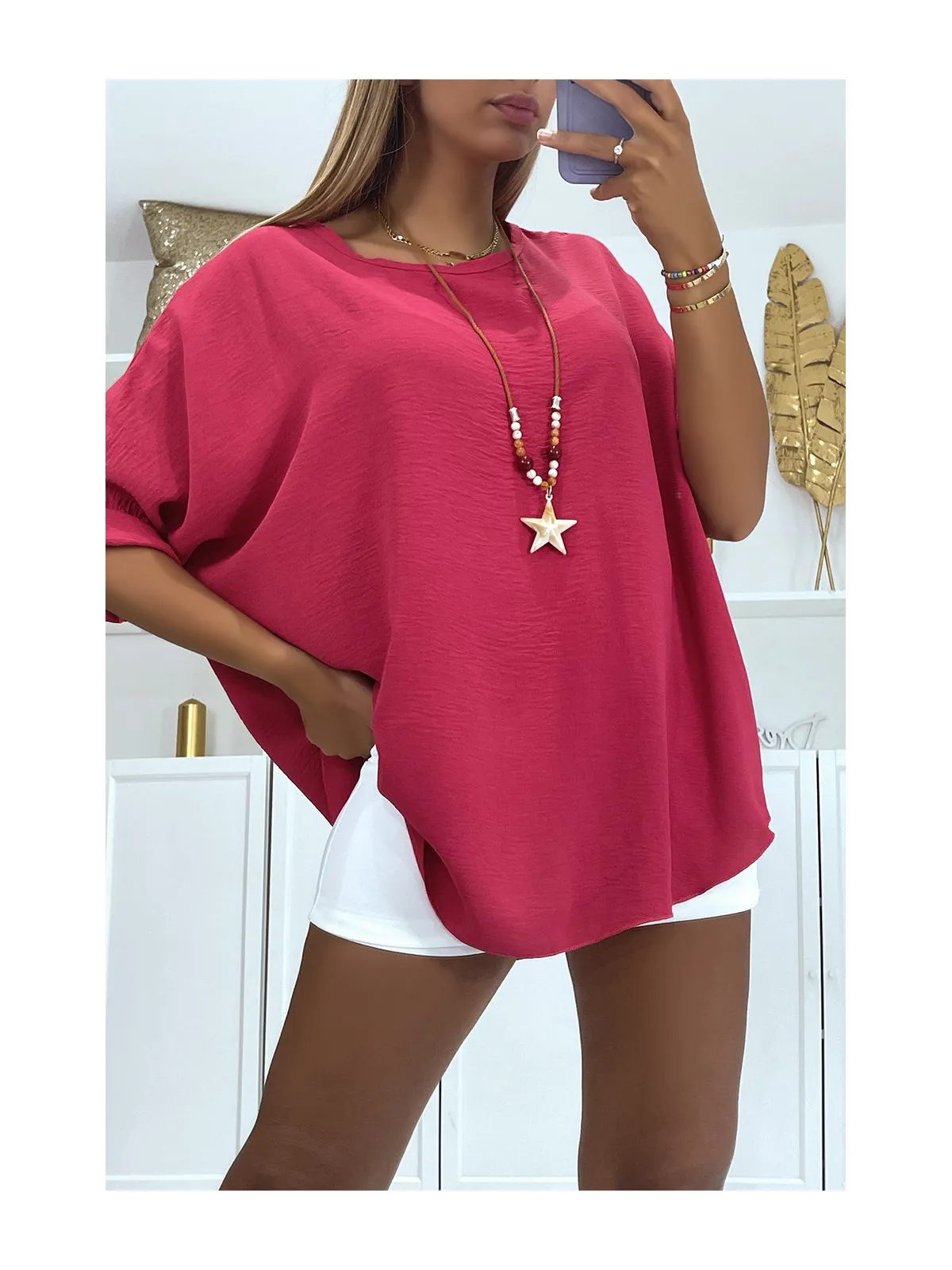 ToFToversize fuchsia à manches chauve-souris mi-longues col rond et collier bohème